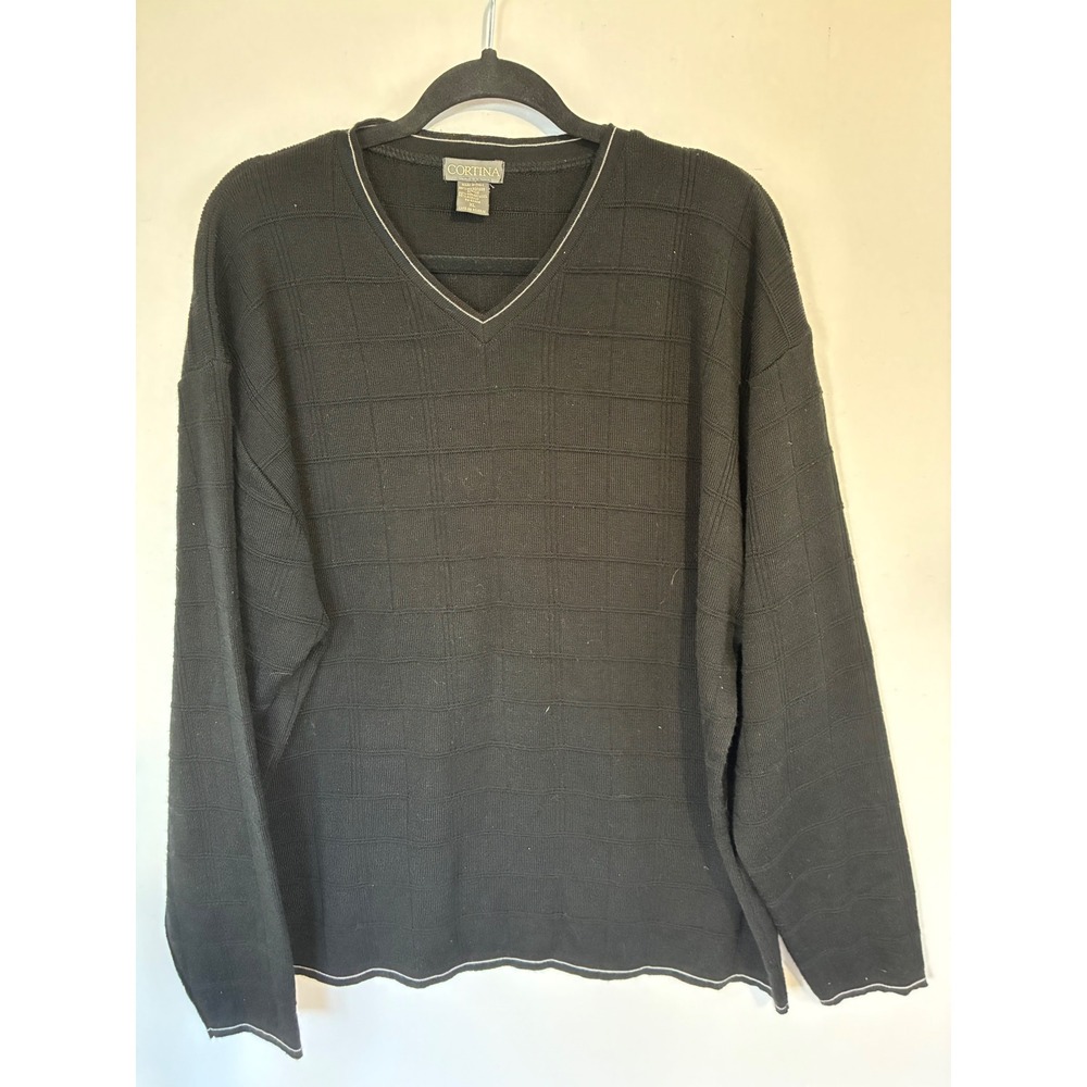 Cortina V-Neck Sweater Textured Grid Merino Wool Mens XL Black Excellent